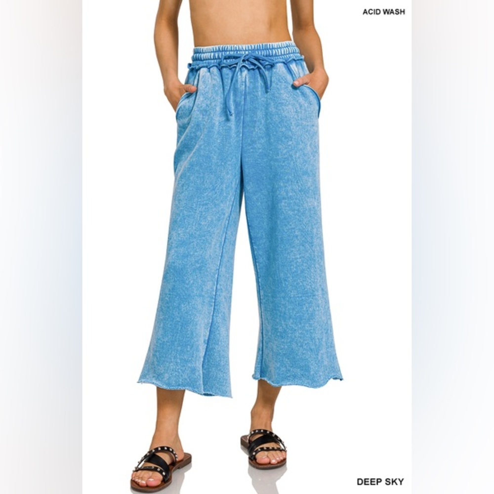 Closeout Deep Sky Blue Zenana ACID WASH FLEECE PALAZZO SWEATPANTS